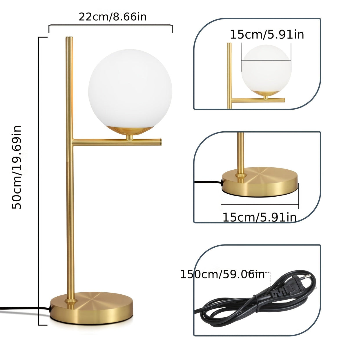 Modern Golden Table Lamp | White Glass Globe Design | Brass Industrial Vintage-inspired Bedside