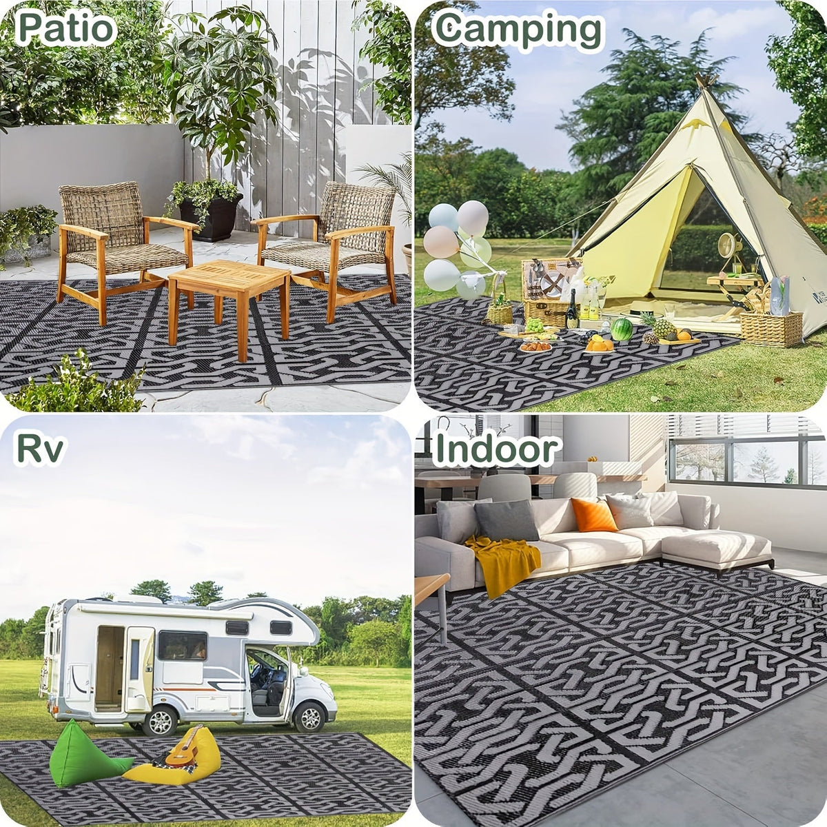 Reversible Outdoor Rug | Black & Grey Modern Patio Mat | Water-Resistant Adjustable Entryway