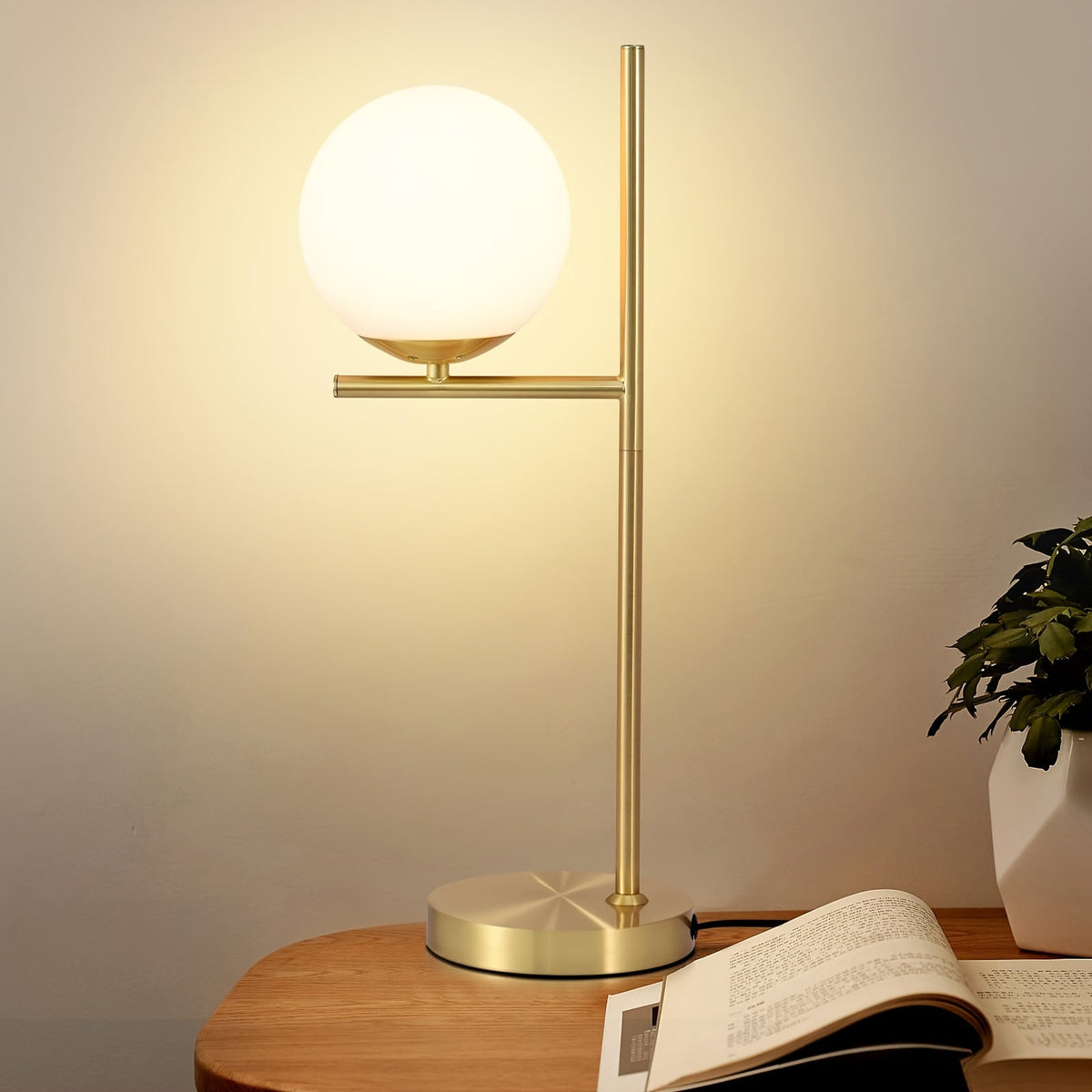 Modern Golden Table Lamp | White Glass Globe Design | Brass Industrial Vintage-inspired Bedside