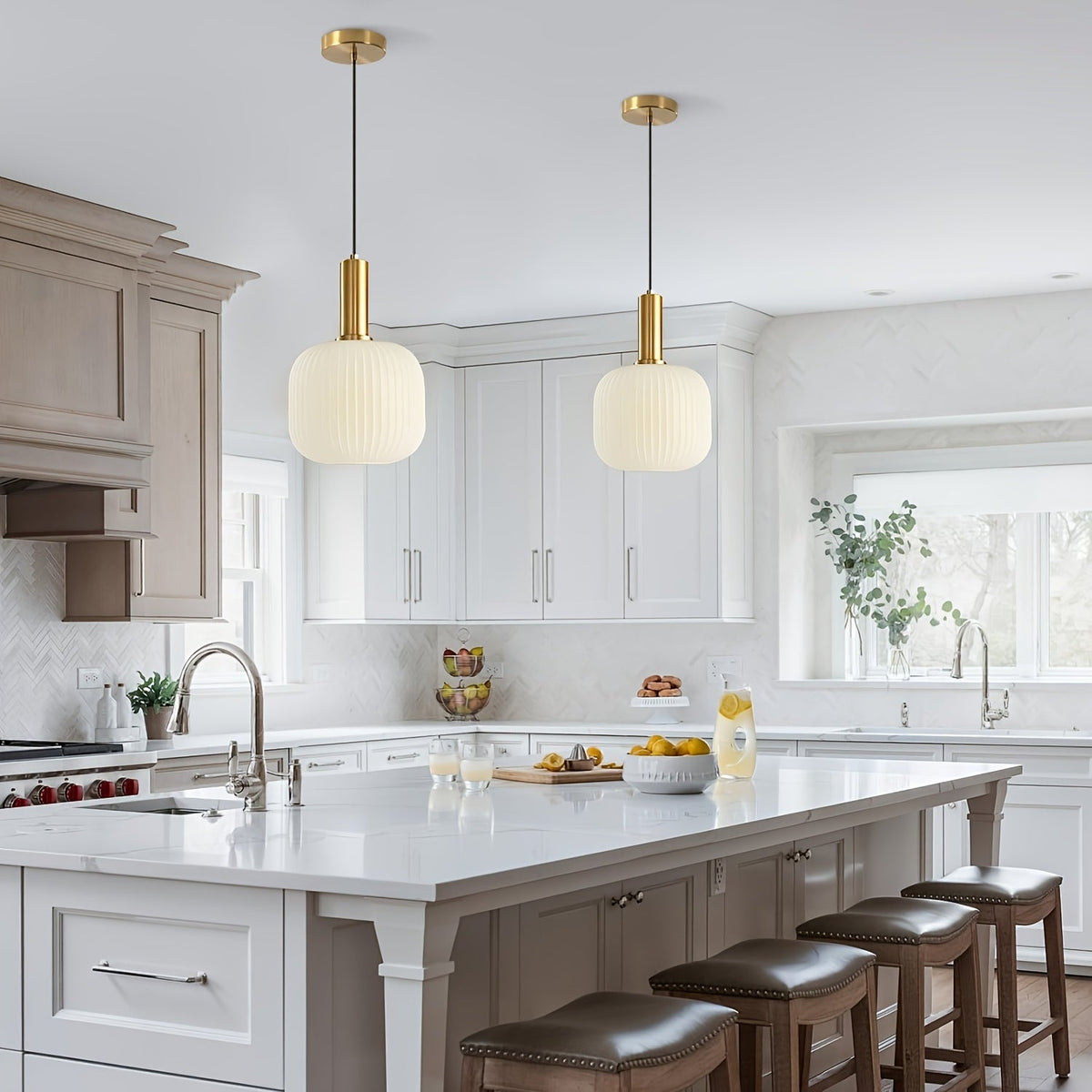 Modern Striped Glass Pendant Light | Brass & Ribbed Glass Shade | Dining Room