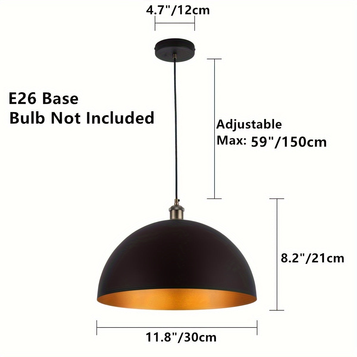 Vintage Industrial Dome Pendant Light | Black & Gold Iron Shade | Adjustable Vintage-inspired