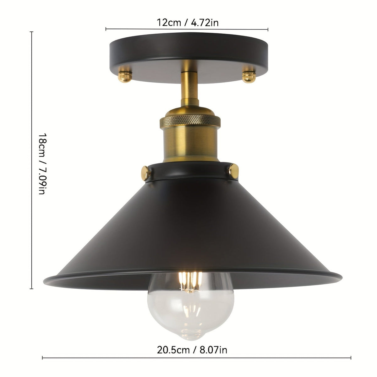 Industrial Black Semi Flush Mount Ceiling Light | Vintage Metal Pendant Fixture | Brass