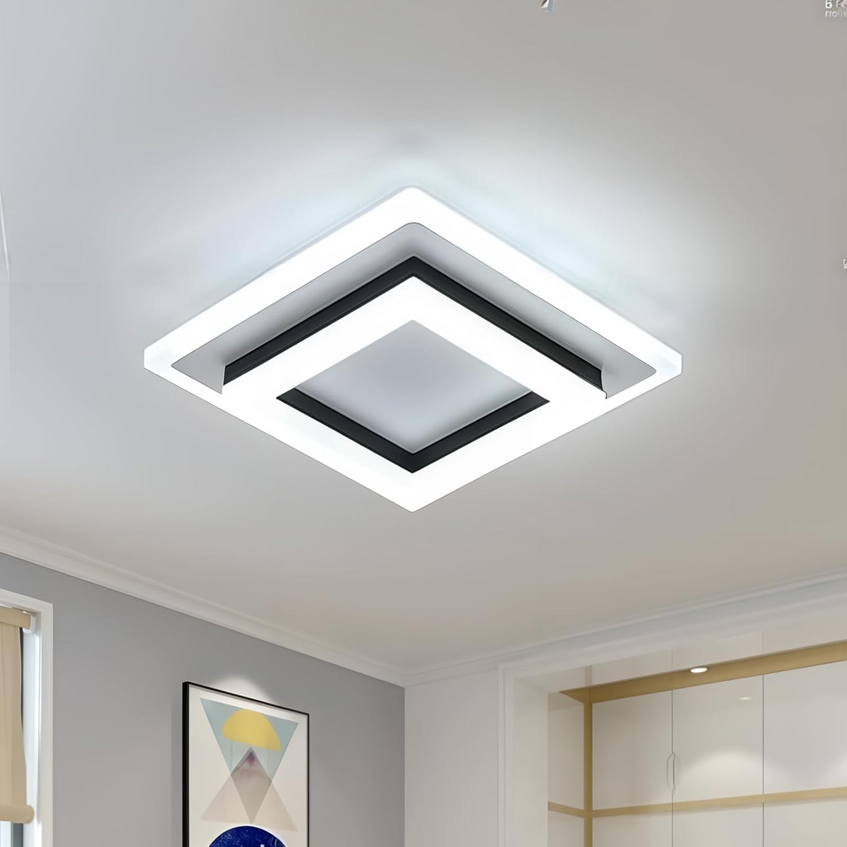 Square LED Ceiling Light | Modern Flush Mount Fixture | Wood Bedroom