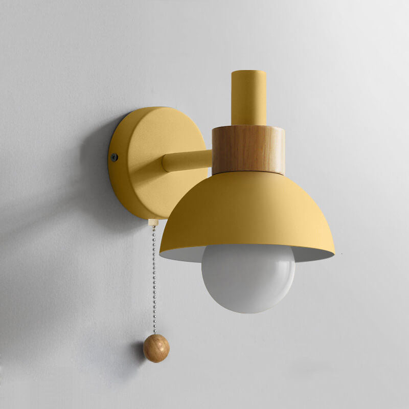 Nordic Wood Accent Wall Lamp | Minimalist Pull-Switch Light | Metal Bedroom