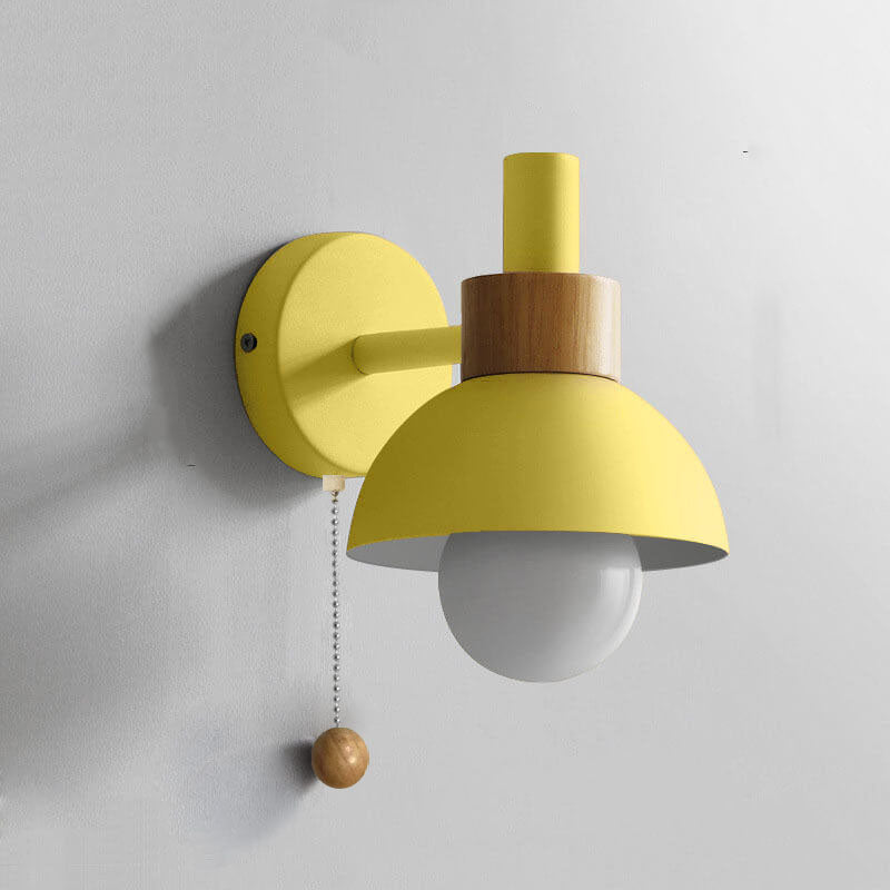 Nordic Wood Accent Wall Lamp | Minimalist Pull-Switch Light | Metal Bedroom
