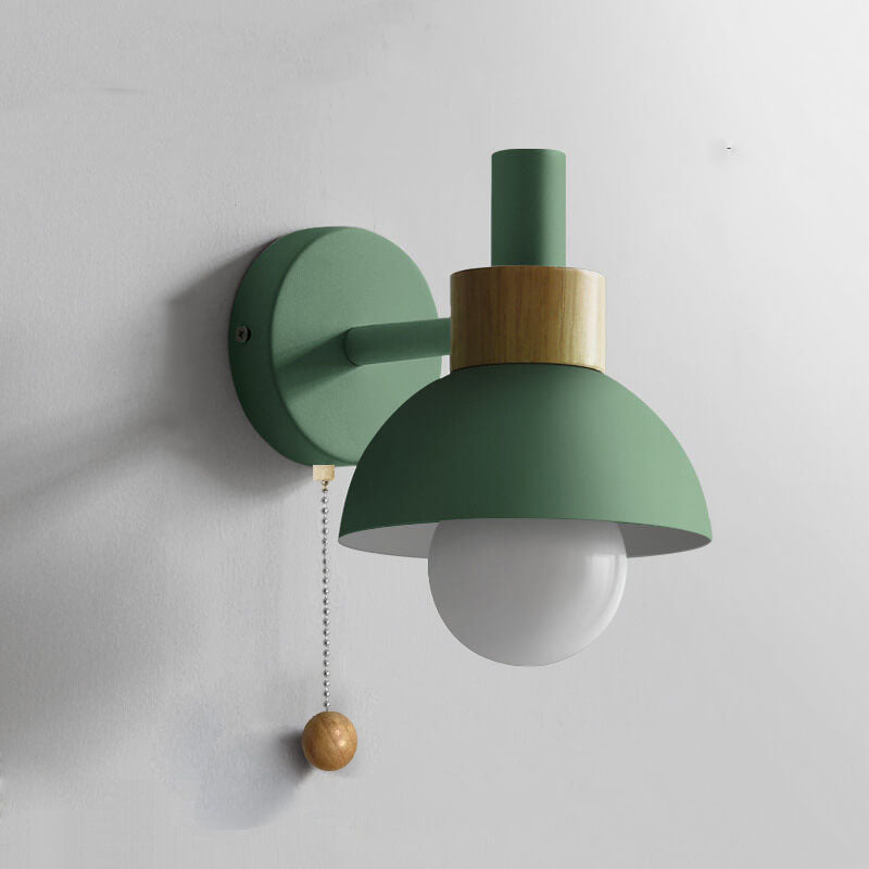 Nordic Wood Accent Wall Lamp | Minimalist Pull-Switch Light | Metal Bedroom