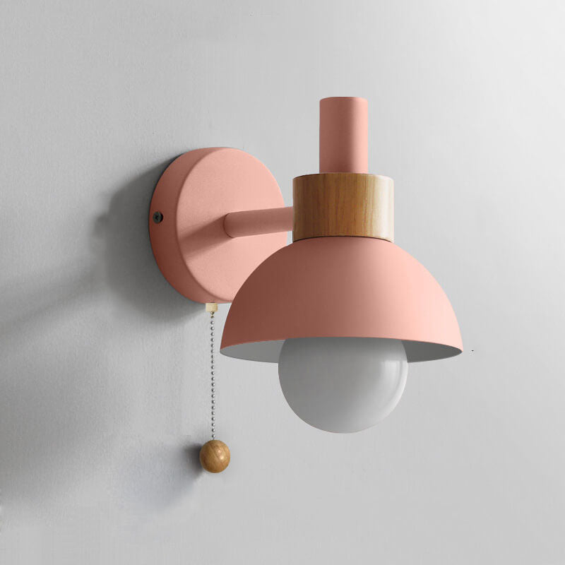 Nordic Wood Accent Wall Lamp | Minimalist Pull-Switch Light | Metal Bedroom