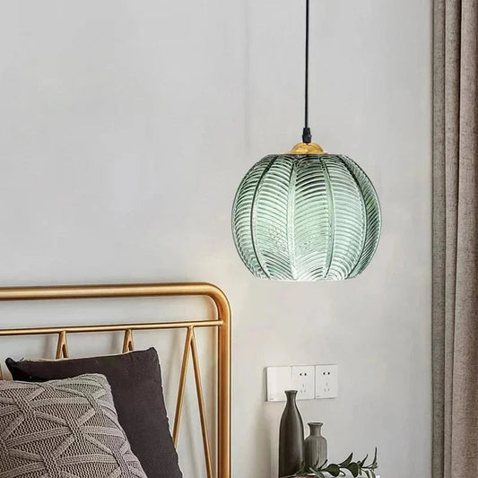 Pumpkin Ribbed Glass Pendant Lamp | Retro Green Hanging Light | Vintage-inspired Dining Room