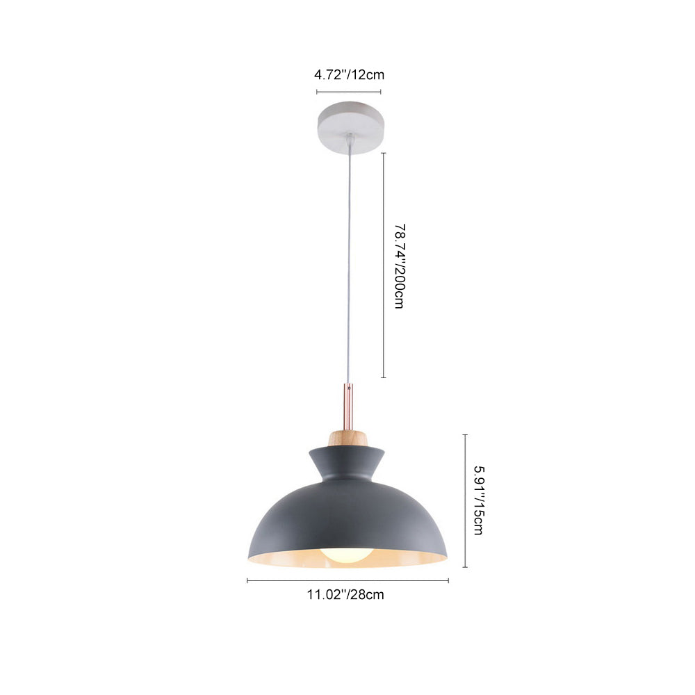 Modern Single Pendant Dome Light | Scandinavian Metal Hanging Lamp | Wood Adjustable Nordic