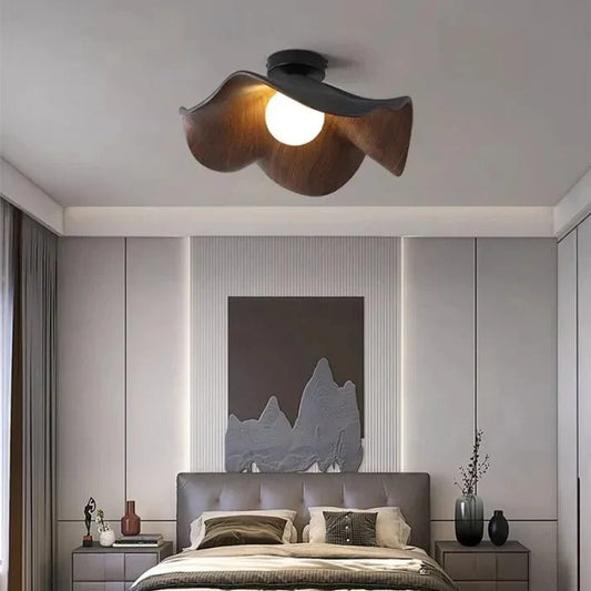 Scandinavian Wooden Lotus Ceiling Light | Resin & Iron Modern Flush Lamp | Wood Nordic Bedroom