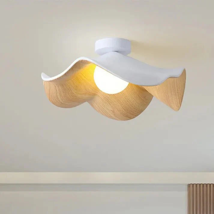 Scandinavian Wooden Lotus Ceiling Light | Resin & Iron Modern Flush Lamp | Wood Nordic Bedroom