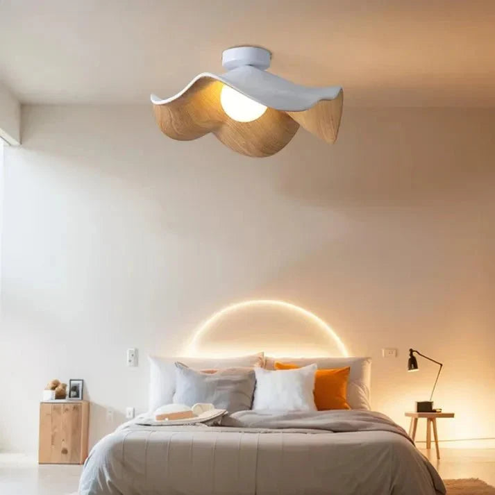Scandinavian Wooden Lotus Ceiling Light | Resin & Iron Modern Flush Lamp | Wood Nordic Bedroom