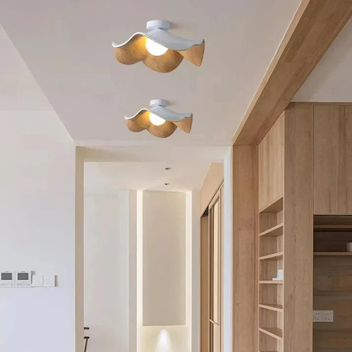 Scandinavian Wooden Lotus Ceiling Light | Resin & Iron Modern Flush Lamp | Wood Nordic Bedroom