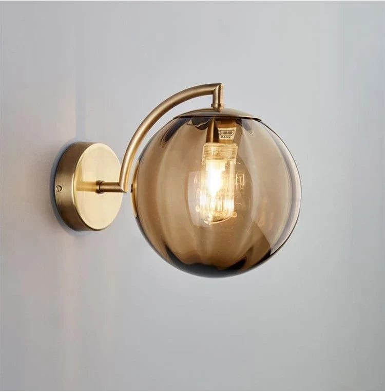 Modern Glass Ball Wall Lamp | Brass & Tinted Glass Design | Wall Light Bedroom