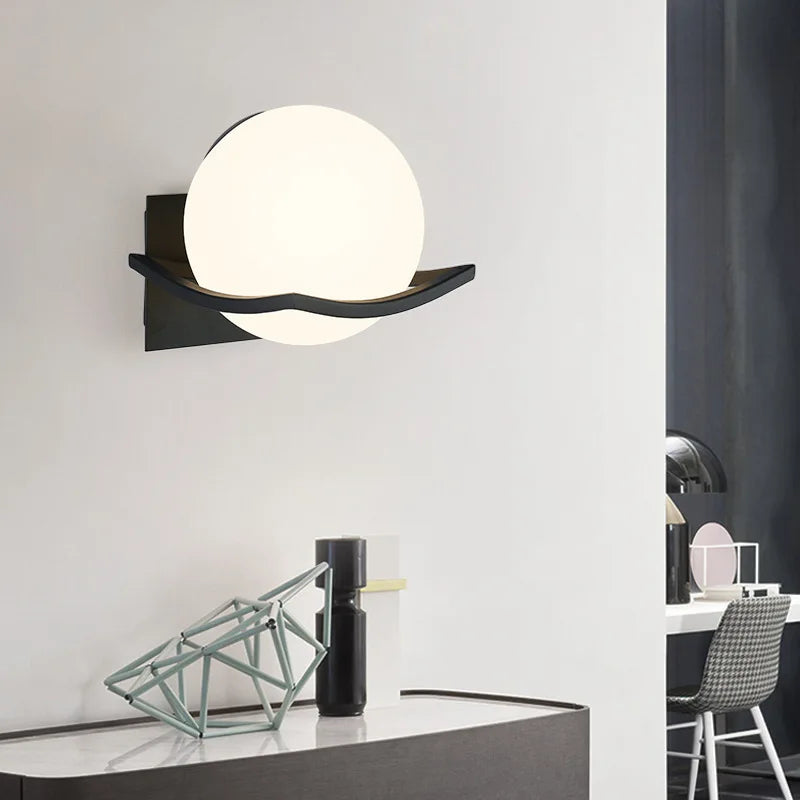 Makar Wall Light | Modern European Glass Globe Sconce | Metal Bedroom