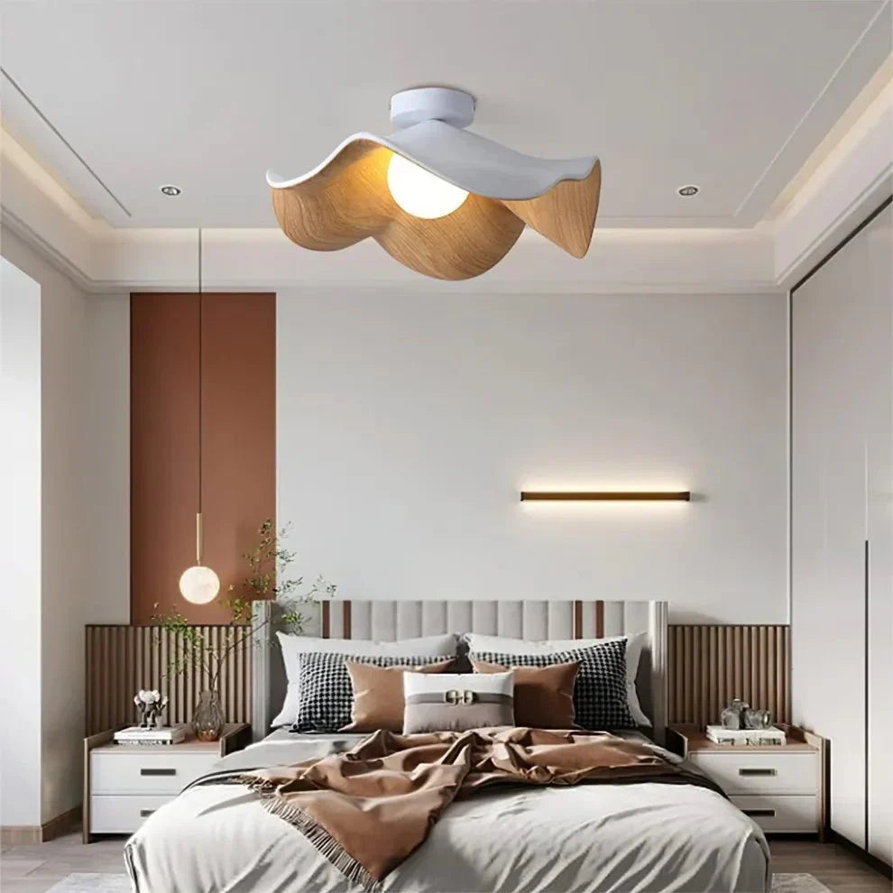 Scandinavian Wooden Lotus Ceiling Light | Resin & Iron Modern Flush Lamp | Wood Nordic Bedroom
