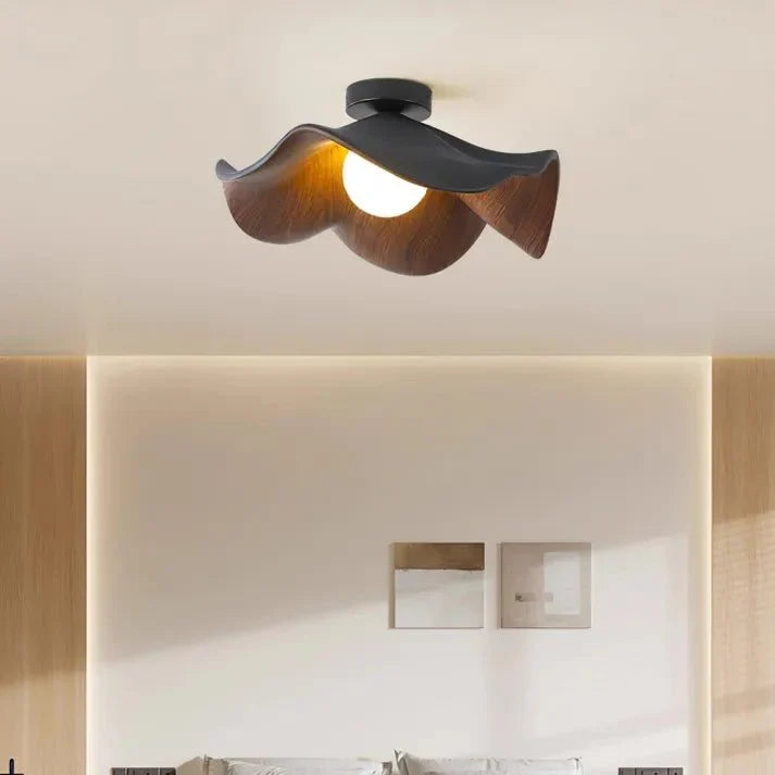 Scandinavian Wooden Lotus Ceiling Light | Resin & Iron Modern Flush Lamp | Wood Nordic Bedroom