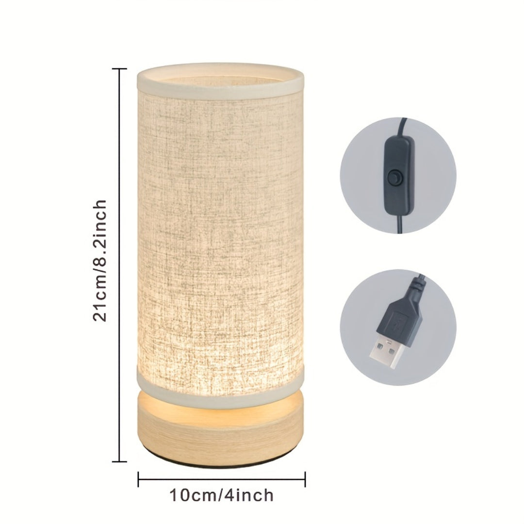 Modern Wooden Table Lamp | USB Powered Bedside Light | Wood Woven Linen LED Rechargeable