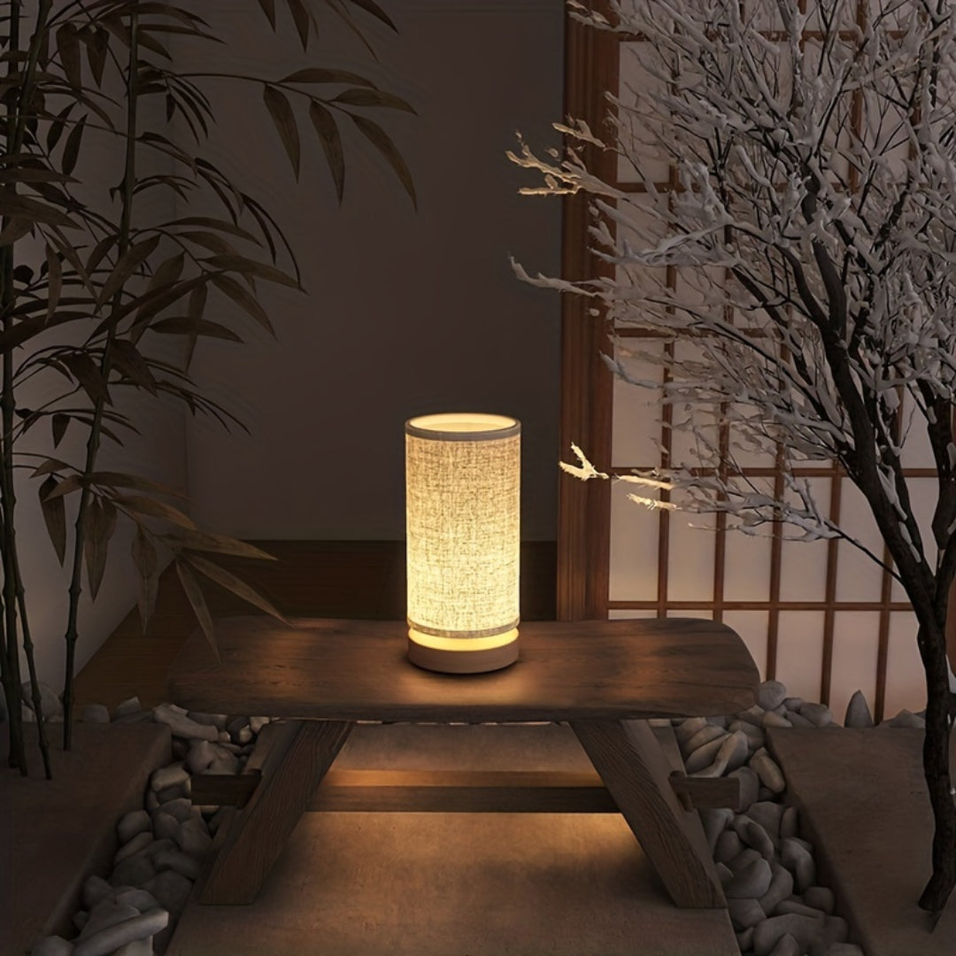 Modern Wooden Table Lamp | USB Powered Bedside Light | Wood Woven Linen LED Rechargeable