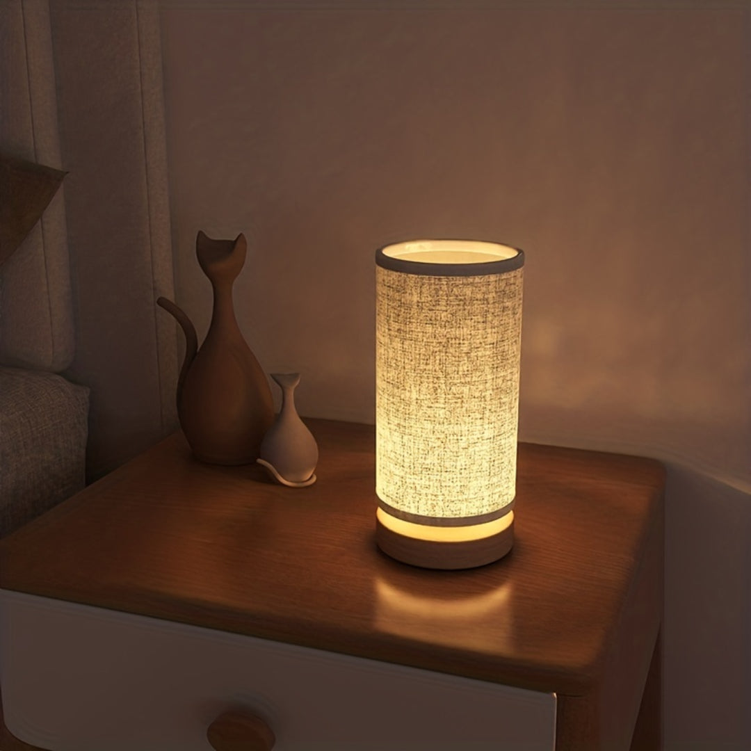 Modern Wooden Table Lamp | USB Powered Bedside Light | Wood Woven Linen LED Rechargeable
