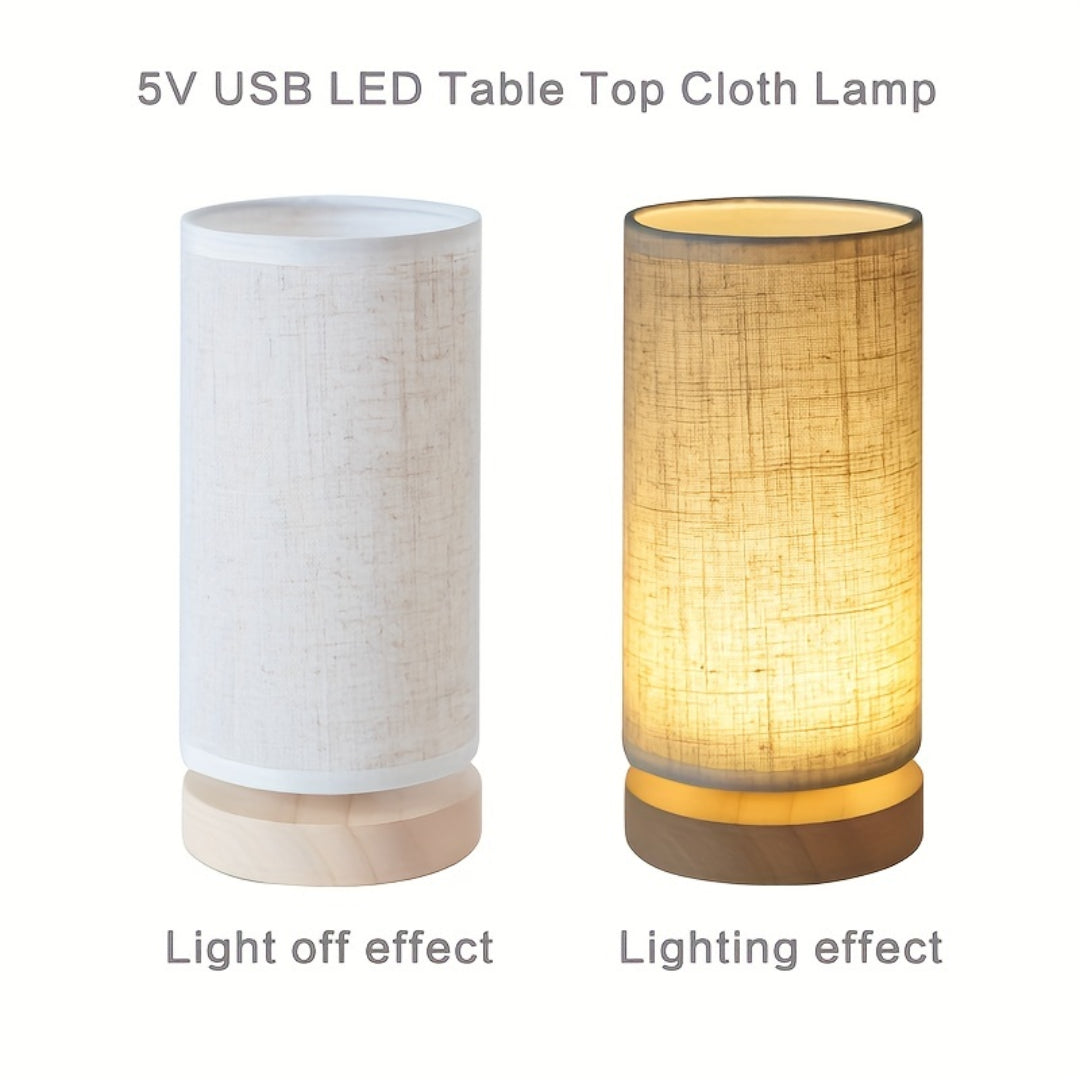 Modern Wooden Table Lamp | USB Powered Bedside Light | Wood Woven Linen LED Rechargeable