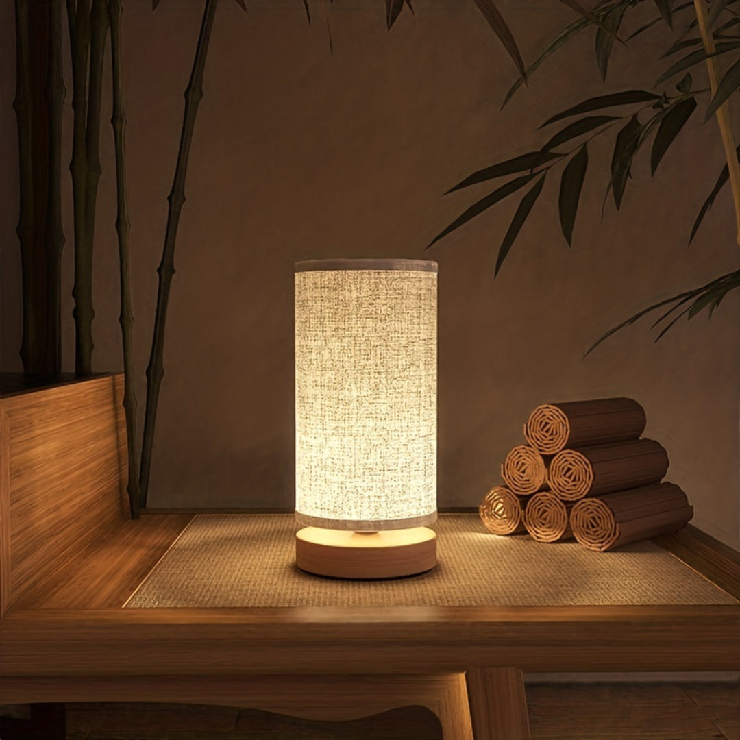Modern Wooden Table Lamp | USB Powered Bedside Light | Wood Woven Linen LED Rechargeable