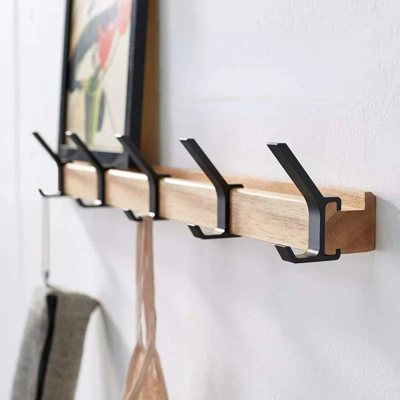 Nordic Wall-Mounted Coat Rack | Adjustable Dual Hooks in Black & Wood Finish | Wall Organiser