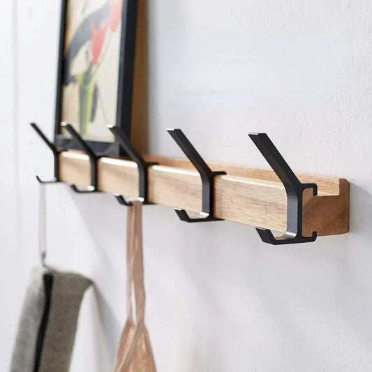Nordic Wall-Mounted Coat Rack | Adjustable Dual Hooks in Black & Wood Finish | Wall Organiser
