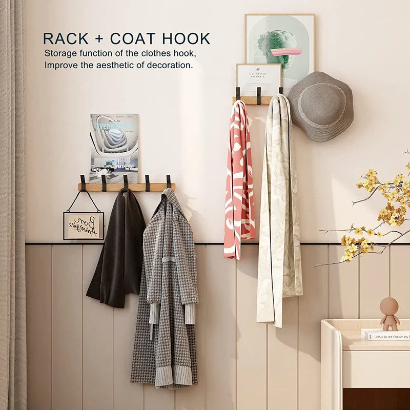 Nordic Wall-Mounted Coat Rack | Adjustable Dual Hooks in Black & Wood Finish | Wall Organiser