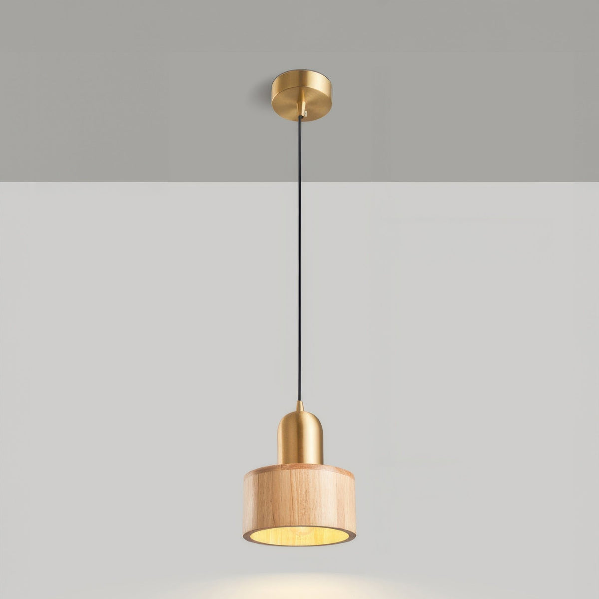 Cylinder Pendant Light | Japanese-Style Walnut & Brass Hanging Lamp | Wood Japanese-minimalist