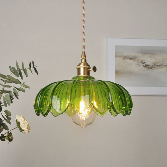 Vintage Flower Pendant Lamp | Coloured Glass Hanging Light | Brass Vintage-inspired Dining Room