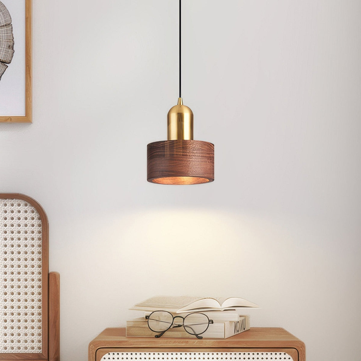 Cylinder Pendant Light | Japanese-Style Walnut & Brass Hanging Lamp | Wood Japanese-minimalist