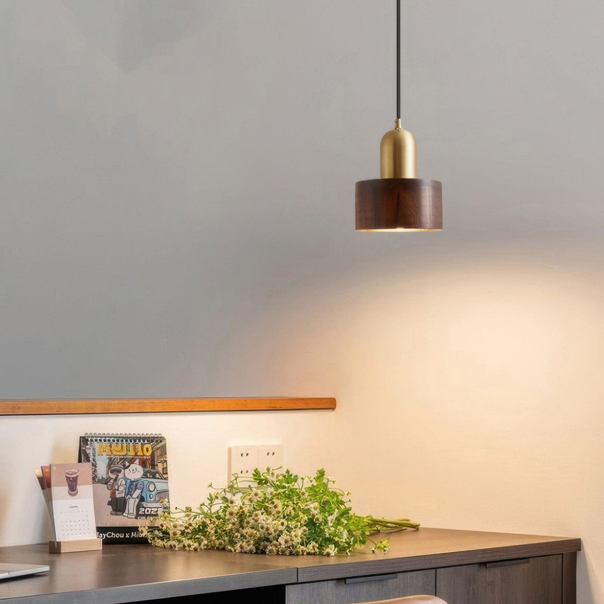 Cylinder Pendant Light | Japanese-Style Walnut & Brass Hanging Lamp | Wood Japanese-minimalist