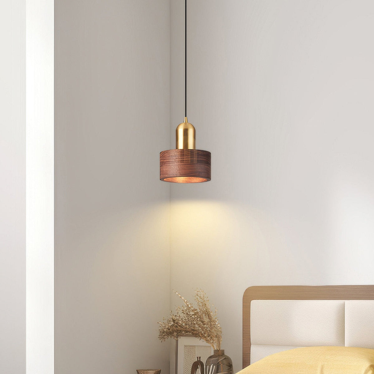 Cylinder Pendant Light | Japanese-Style Walnut & Brass Hanging Lamp | Wood Japanese-minimalist