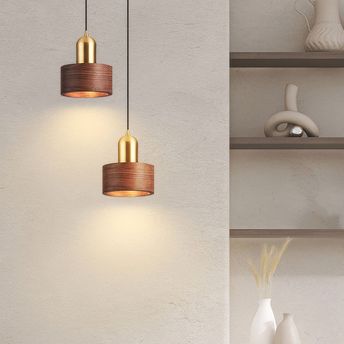 Cylinder Pendant Light | Japanese-Style Walnut & Brass Hanging Lamp | Wood Japanese-minimalist