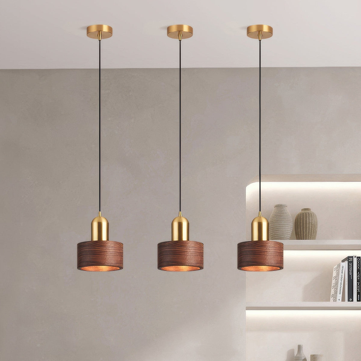 Cylinder Pendant Light | Japanese-Style Walnut & Brass Hanging Lamp | Wood Japanese-minimalist