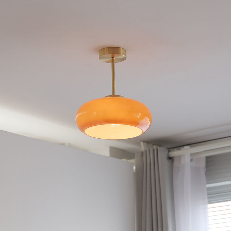 Vintage Brass Yellow Glass Ceiling Light | Semi-Flush Mount | LED Vintage-inspired Bedroom