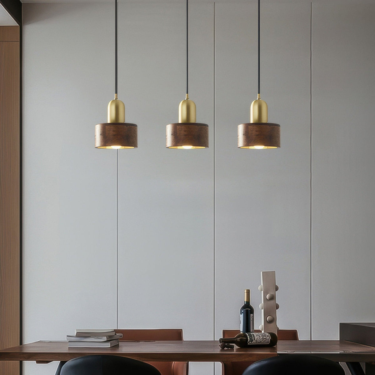 Cylinder Pendant Light | Japanese-Style Walnut & Brass Hanging Lamp | Wood Japanese-minimalist
