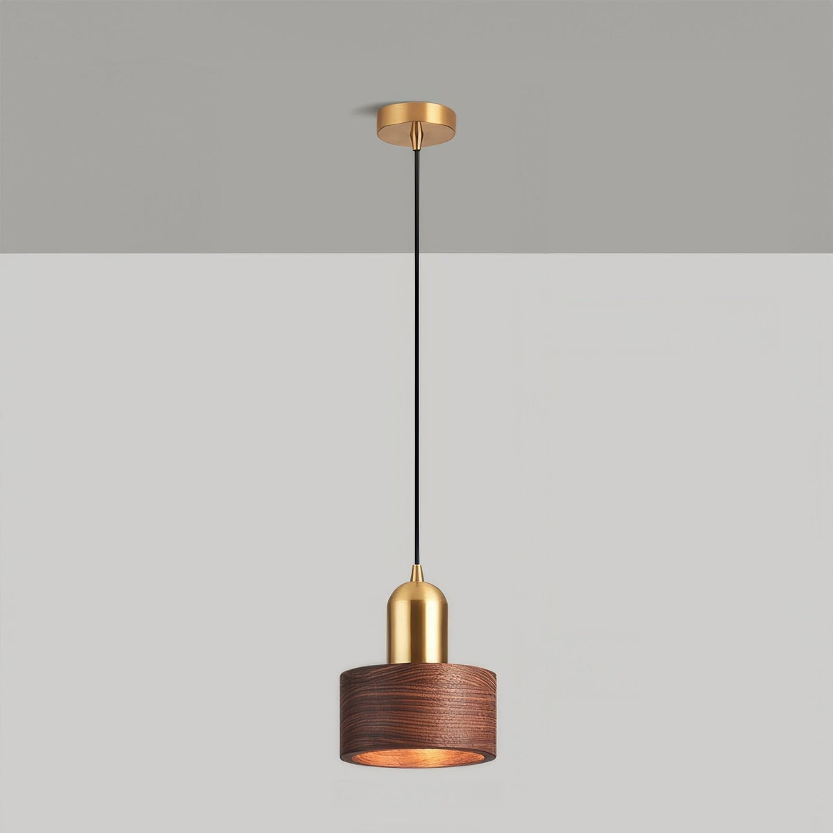 Cylinder Pendant Light | Japanese-Style Walnut & Brass Hanging Lamp | Wood Japanese-minimalist