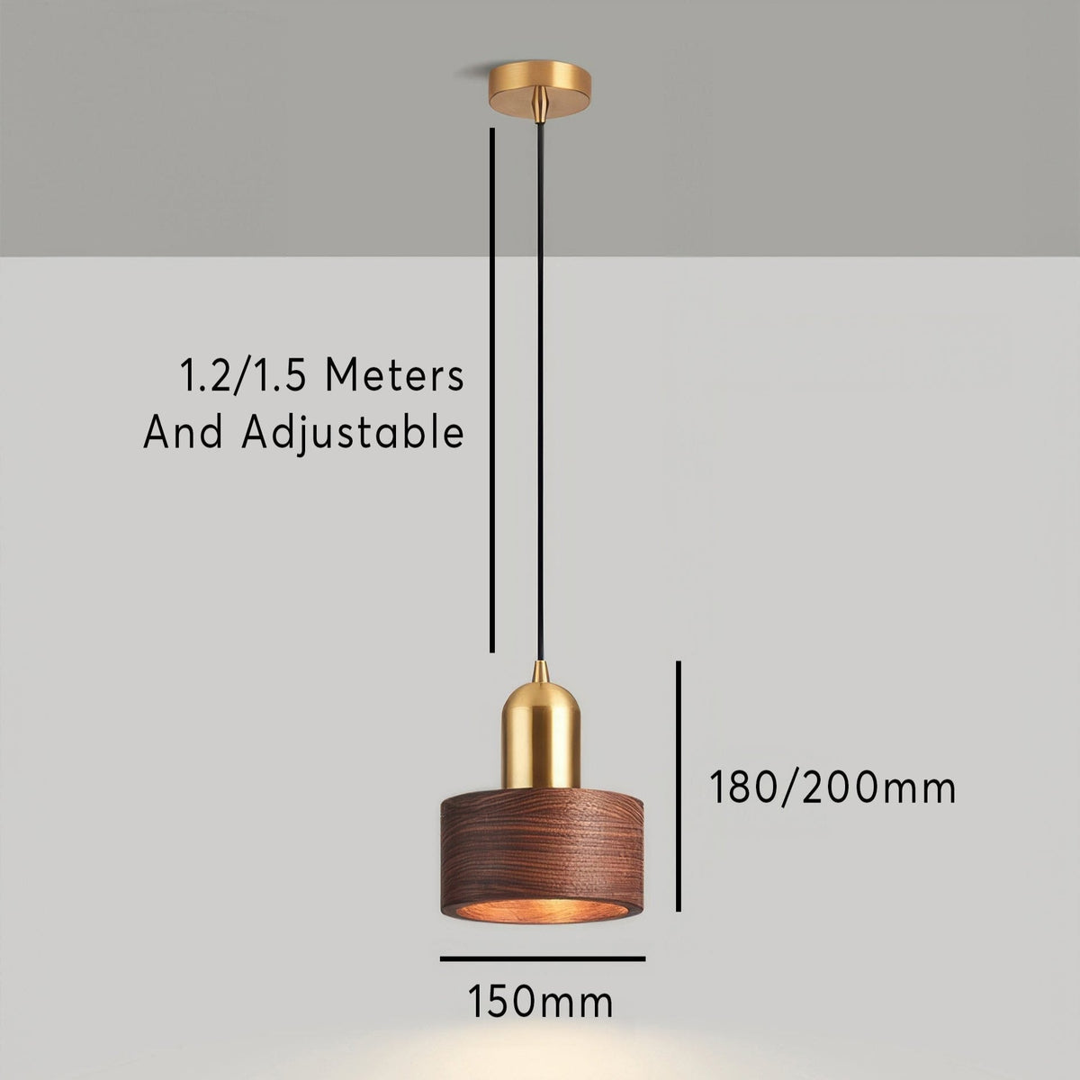 Cylinder Pendant Light | Japanese-Style Walnut & Brass Hanging Lamp | Wood Japanese-minimalist