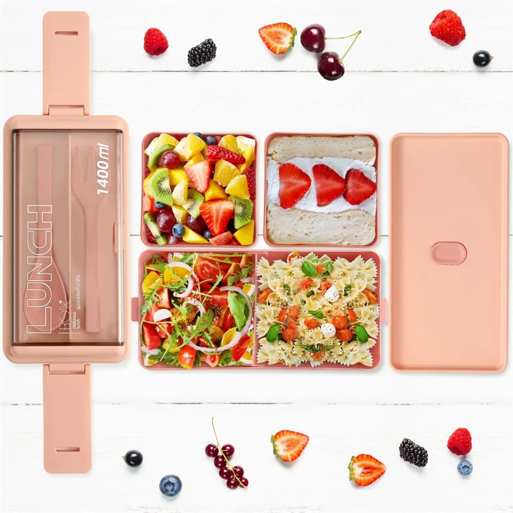 1400ml Double Layer Bento Box | Portable Lunch Box with Fork & Spoon | Microwave Safe Food
