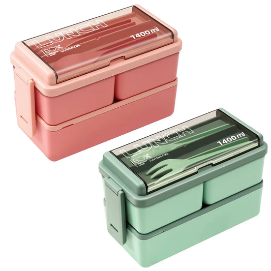 1400ml Double Layer Bento Box | Portable Lunch Box with Fork & Spoon | Microwave Safe Food