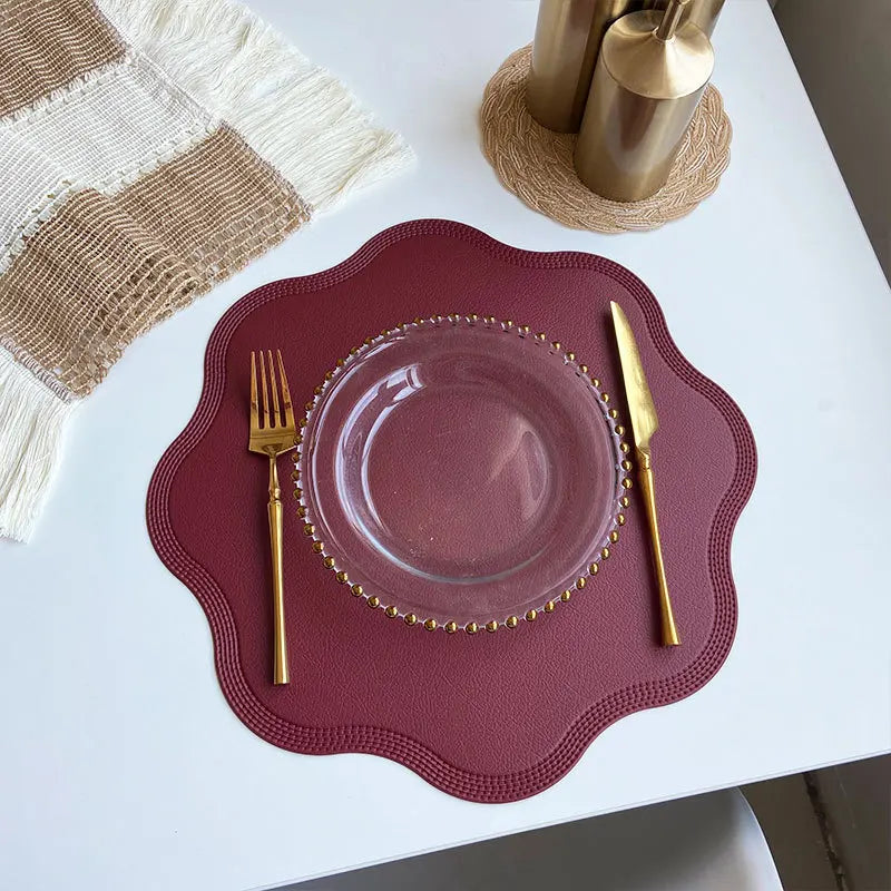 FloraMat | Luxury Round Faux Leather Placemats | Embossed Flower Design | Mat Water-Resistant