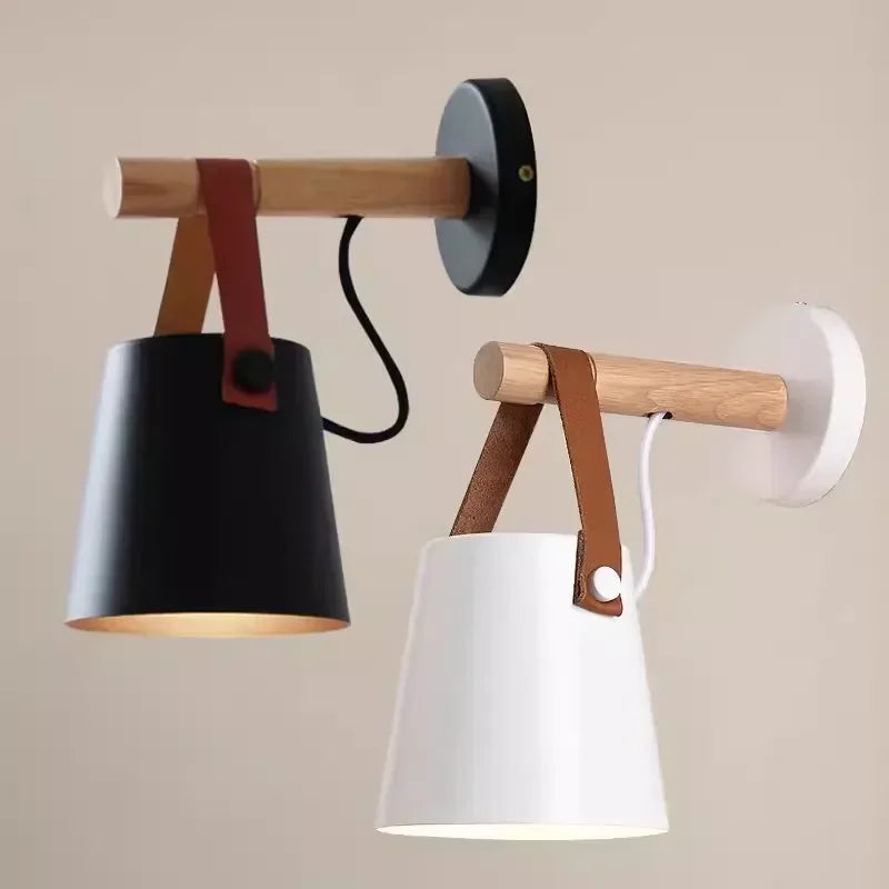 Nordic Wood & Leather Wall Lamp | Hanging Bedside Light | Iron Handcrafted Bedroom