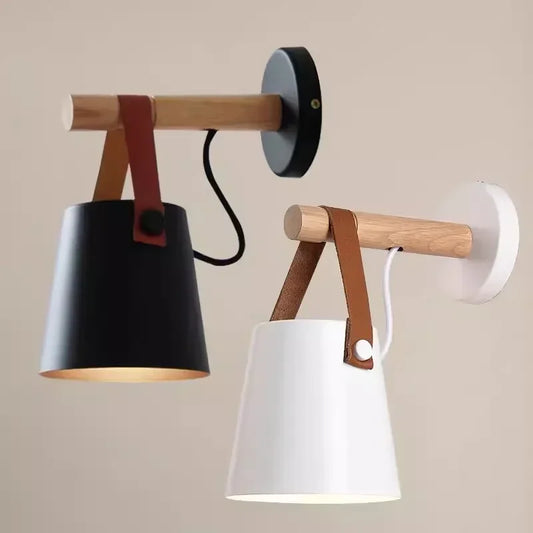 Nordic Wood & Leather Wall Lamp | Hanging Bedside Light | Iron Handcrafted Bedroom