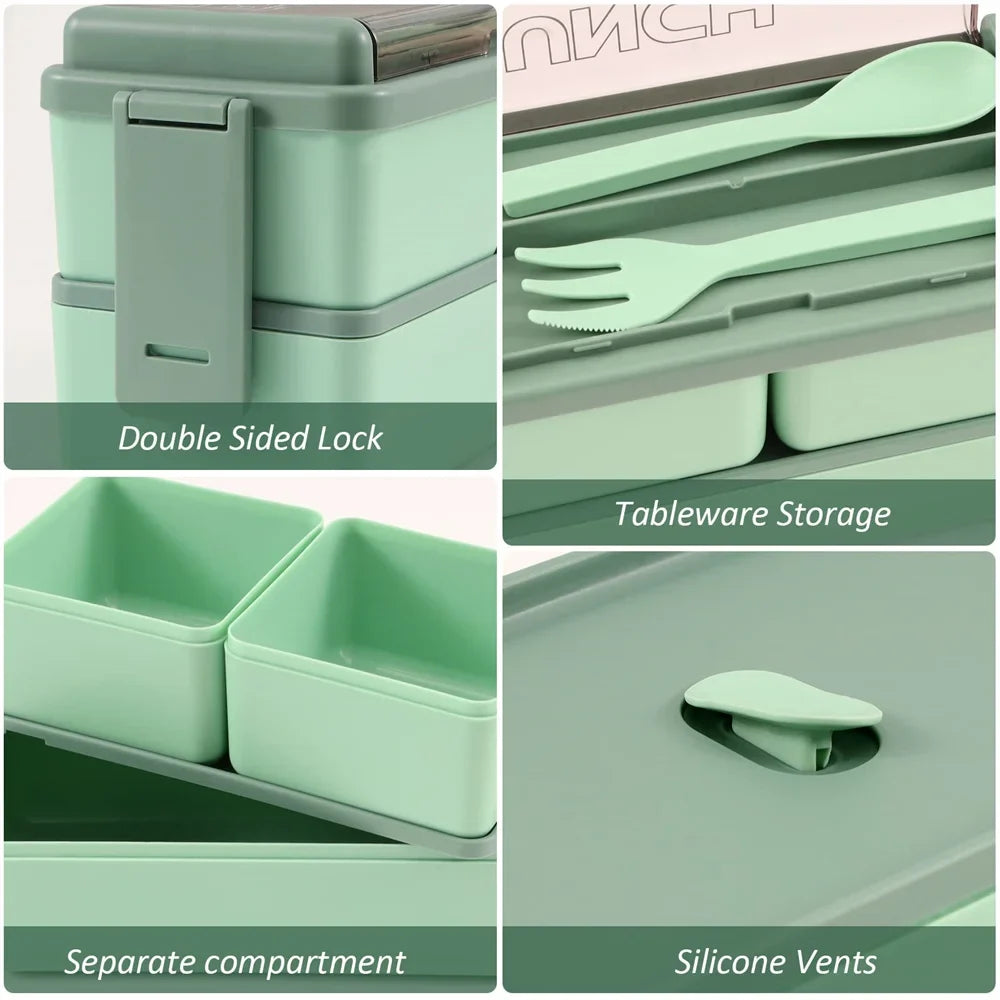1400ml Double Layer Bento Box | Portable Lunch Box with Fork & Spoon | Microwave Safe Food