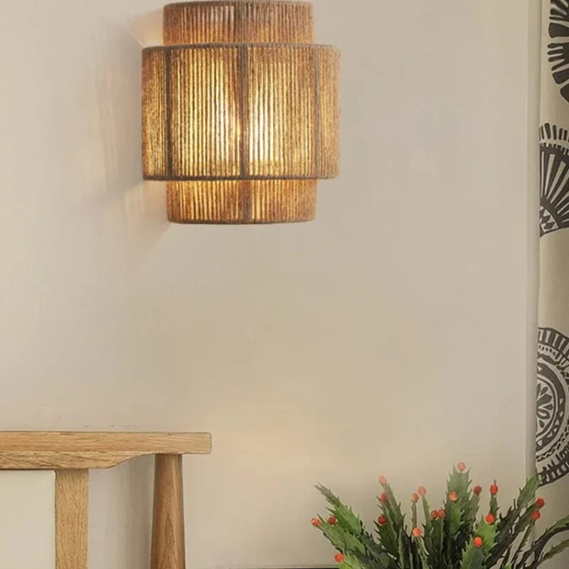 RattanGlow | Handwoven Rattan Wall Lamp | Wall Light Handcrafted Bohemian Bedroom