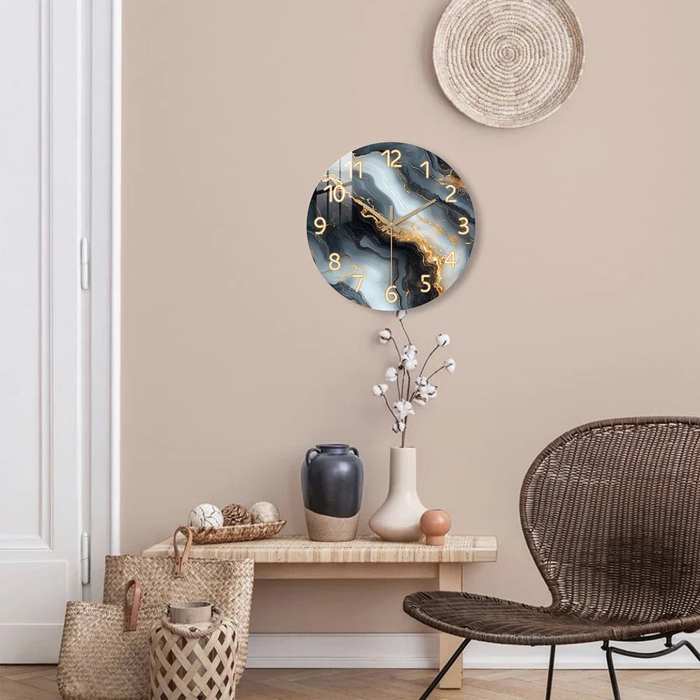 Blue & Gold Marble Wall Clock | Silent Wooden Design | Wood Kitchen