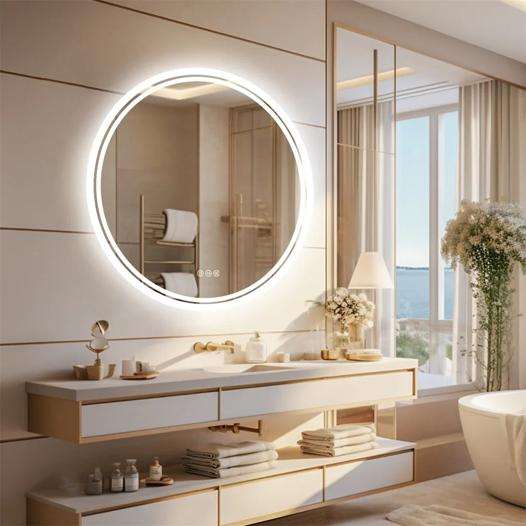 LuvoRound | Round LED Bathroom Mirror | Anti-Fog & Dimmable Touch Screen | Adjustable Anti-Fog