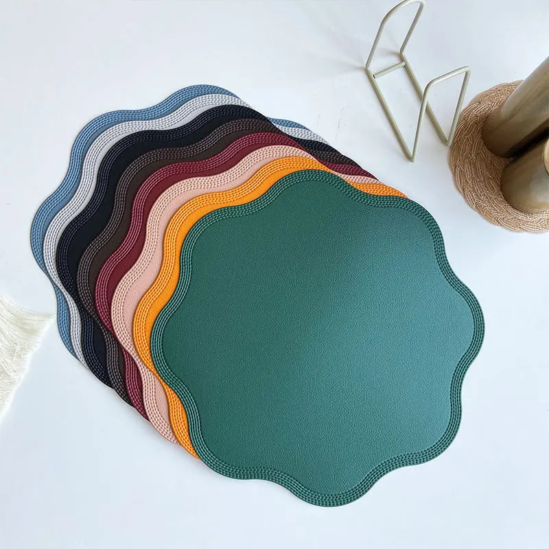 FloraMat | Luxury Round Faux Leather Placemats | Embossed Flower Design | Mat Water-Resistant